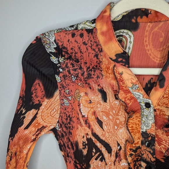 Y2k ruffled Renaissance abstract pattern long sleeve button up shirt womens XS - Picture 3 of 6